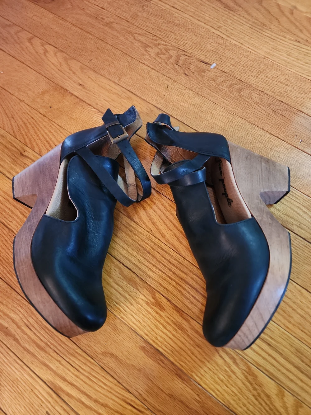 Free People Black Cedar Leather Cutout Platform Pumps with Brown Wood Heel
